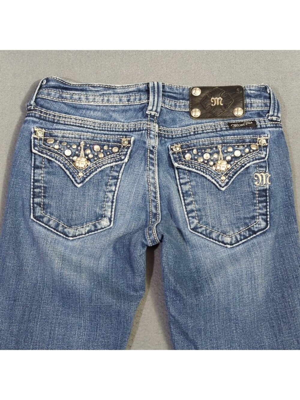 Miss Me Jeans Women's 27 Blue Straight Denim Embellished Flap Pockets